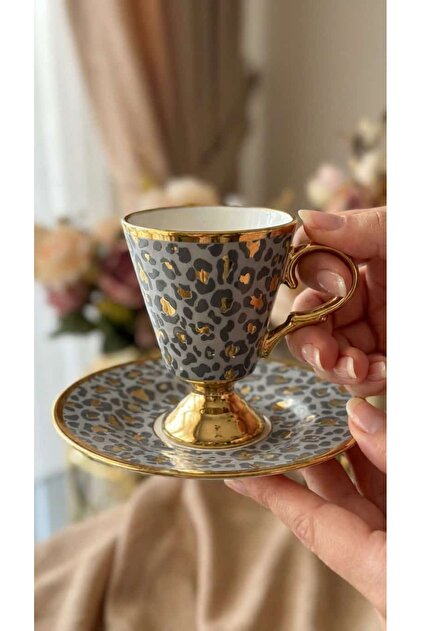 Leopard Pattern Porcelain Coffee Cup Set for 6 People - Gold Gilt Cup Set