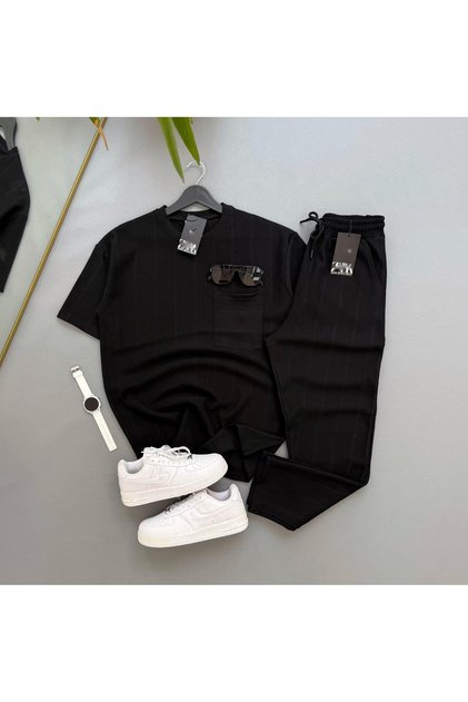 Raporlu Ottoman Fabric Single Pocket Tshirt and Pants 2-Piece Set