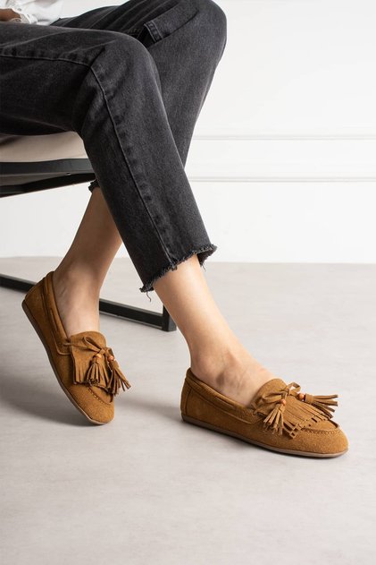 Women's Tan Suede Ballerinas with Tassels, Flat Sole, Comfortable Daily Shoes Viona
