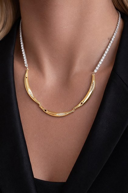 Velora Curve Gold Color Stone Detailed Waterway Necklace