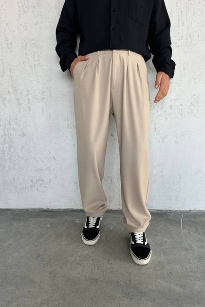 Men's Beige Pleated Elastic Waist Baggy Premium Fabric Trousers