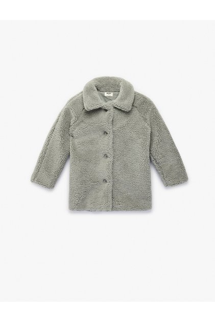 Button Detailed Long Sleeve Polo Collar Fleece Jacket