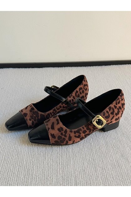 Leopard Print Color Metal Buckle Mary Jane Shoes