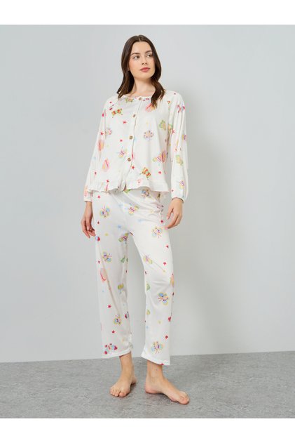Butterfly Printed Buttoned Top and Pyjama Set