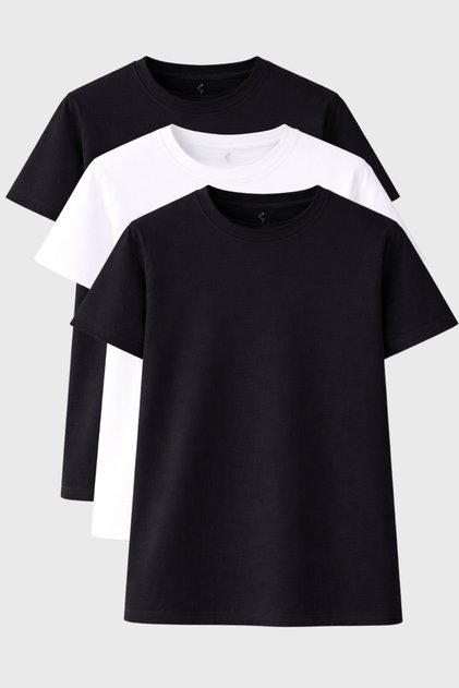 Men's Black-White-Black Regular Fit Crew Neck Cotton 3-Piece Basic T-Shirt Set