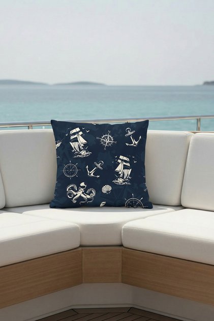 Sailor's Dream Patterned Throw Pillow Cover Waterproof Erasable Digital Printed Yacht, Ship Decoration