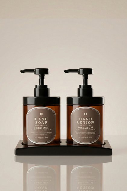 Set of 2 Amber Soap Dispensers - Bathroom Set with Black Stand, Hand Soap and Hand Lotion Written on It - 220Hhccplstk