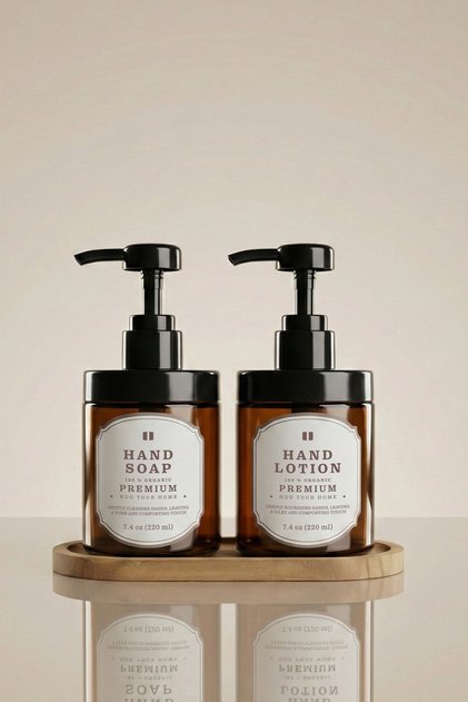 Set of 2 Amber Glass Soap Dispensers - 220 ml Liquid Soap and Lotion Bottle Dispenser - 220Hhggoval