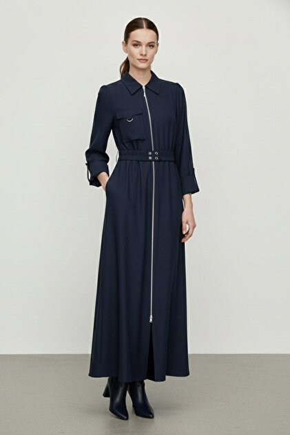 Women's Zippered Shirt Collar Belted Long Dress Dark Blue 12667