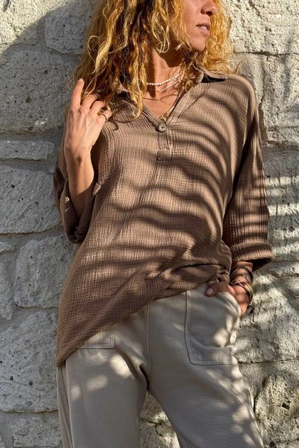 Bronze Color Half Placket Ornamental Buttoned Cotton Loose Woven Blouse 65 55