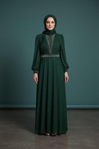 Evening Dress with Pleated Front and Stone-Embellished Front Belt