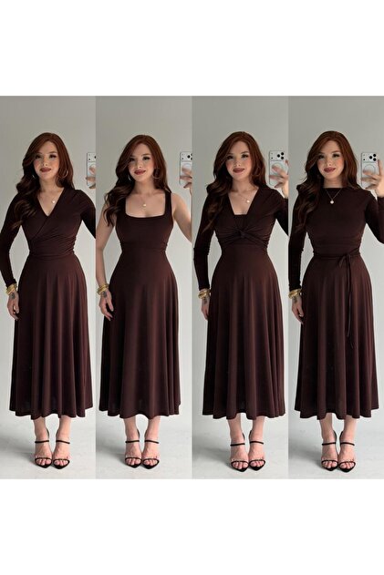 dark brown waist tie midi dress with sleeves Charming Bows Brown Midi Dress