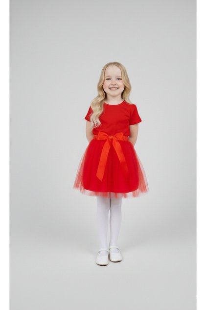 Girl's April 23 October 29 Performance Outfit Costume Tutu Skirt Short Sleeve Plain Tshirt Set-090