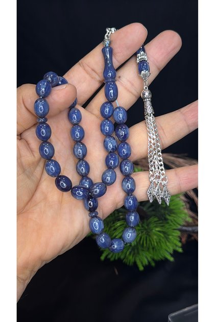 Blue Veined Powdered Amber Prayer Beads, They Darken over Time. Tassel Artisanal Work Rhodium Plating