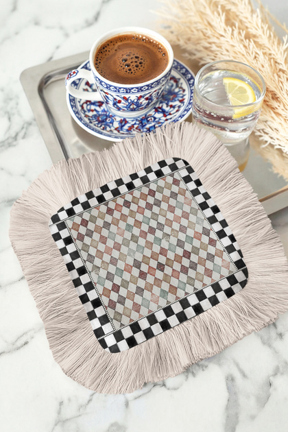 Eye-Catching Colorful Diamond Motif Fringed Presentation Napkin-Ethnic Cream Black Plaid Coaster Handkerchief