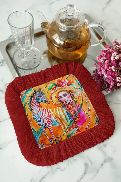 Exotic Zebra Palace Fringed Presentation Napkin - Artistic Bohemian Orange Red Coaster Tissue