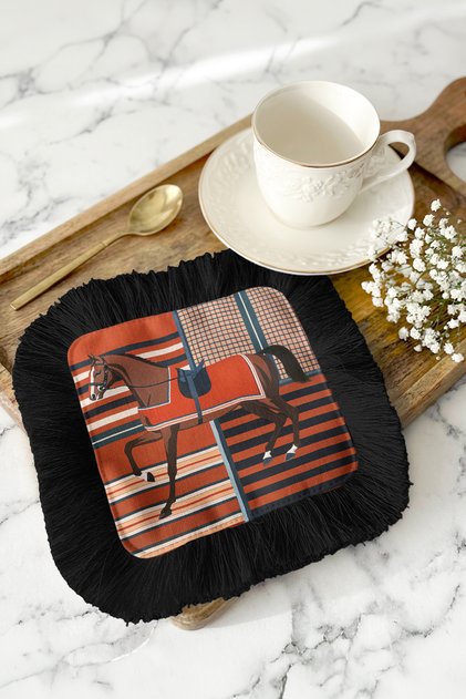 Elegant Horse Patterned Fringed Presentation Napkin - Stylish Rustic Striped Black Decor Coaster Serving Napkin