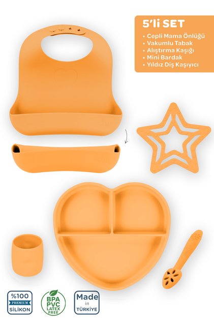 Silicone Set of 5 Candle Orange / Baby Bib, Feeding Plate, Spoon, Cup, Teether
