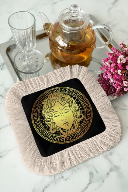 Mythological Medusa Patterned Fringed Presentation Napkin-Classic Luxury Black Gold Color Coaster Tissue