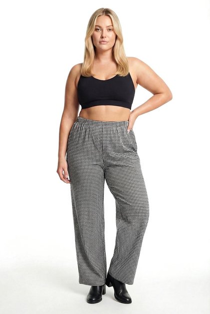 Women's Black-White Checkered Plus Size Pajama Bottoms with Pockets