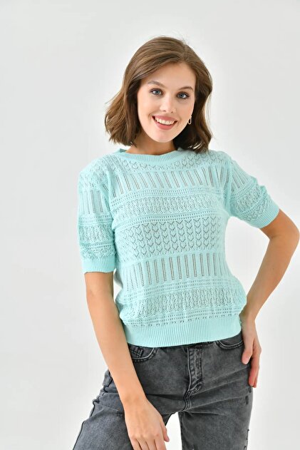 Women's Crew Neck Knit Detail Openwork Knitwear Sweater 10698