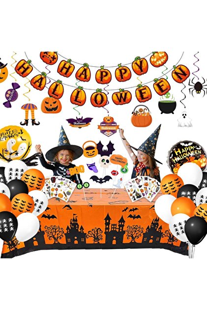 Set Decoratiuni Halloween Copii - Ghirlanda, 32 Baloane, Fata de Masa, 25 Accesorii Foto, Tatuaje