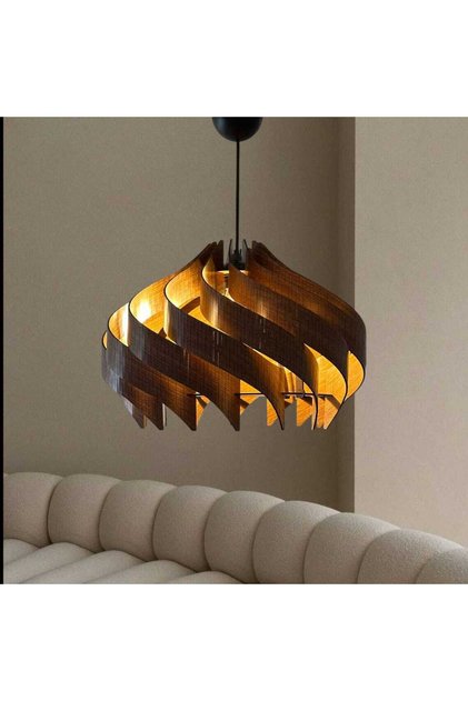 30cm Spiral Ahşap Avize - Modern Bohem Sarkıt - Mutfak Salon Yatak Odası Tekli Aydınlatma