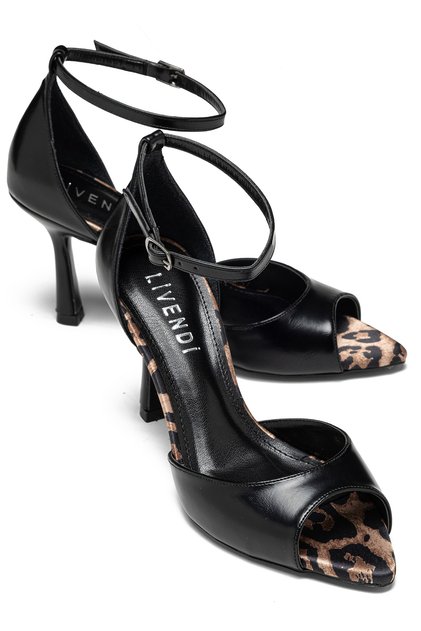 Leria Women's Black Leopard Detailed Ankle Buckle 8.5 cm Thin Heeled Open Toe Shoes