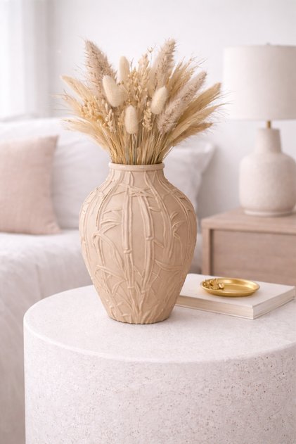Bambu Desenli Dekoratif Mini Vazo – El Yapımı Görünümlü, Kuru Çiçek Uyumlu (10 cm)