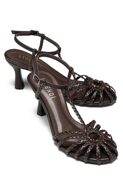 Marissa Women's Brown Knitted Detailed Ankle Buckle 7.5 cm Heeled Sandals Shoes