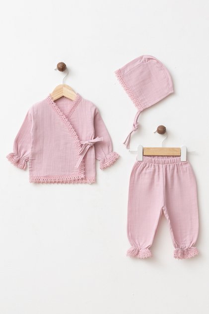 Baby Newborn 100% Cotton 3-Piece Double Layer Muslin Hospital Release Bodysuit Set Rfy0025