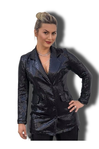 Siyah Pullu Payetli Kruvaze Yaka Işıltılı Parlak Blazer Ceket