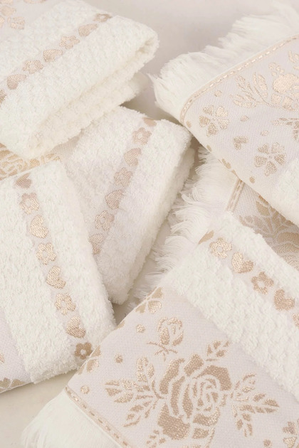 Clover Patterned Fringed Jacquard Hand Towel Set | 6 Pieces | 50X90 cm | 100% Cotton | Daily & Dowry Life