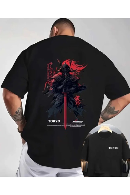 TOKYO SAMURAI 黒ユニフォーム ORVIO Group Erkek tişört, samuray baskılı, rahat kesim, Tokyo