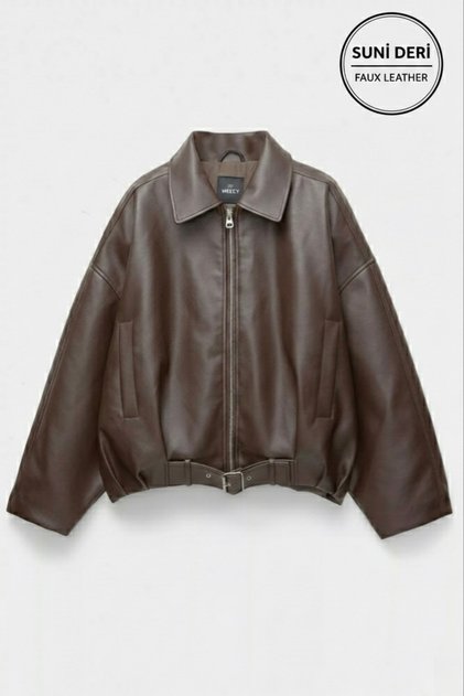 Women's Brown Oversize Faux Leather Bomber Jacket with Belt Buckle Pilot Jacket