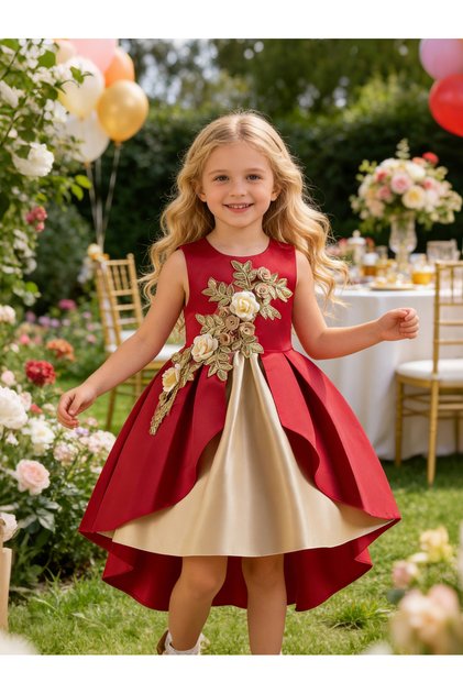 Girls Burgundy Embellished Sleeveless Pleated Dress
