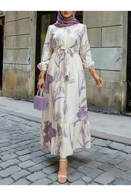 Purple Floral Print Ruffled Hem A-Line Maxi Dress