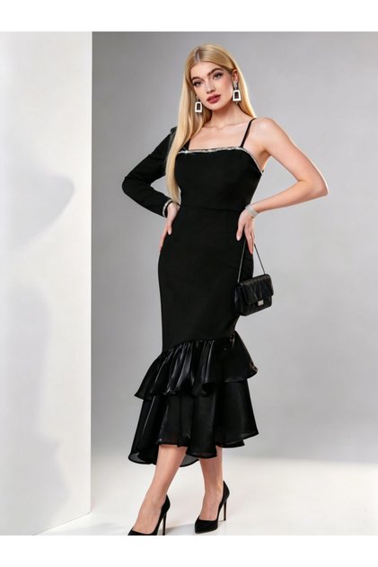 Black One Sleeve Ruffle Hem Bodycon Midi Dress
