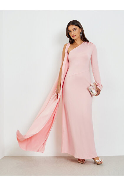 Styli Pink One Shoulder Drape Shawl Maxi Dress- Trendyol