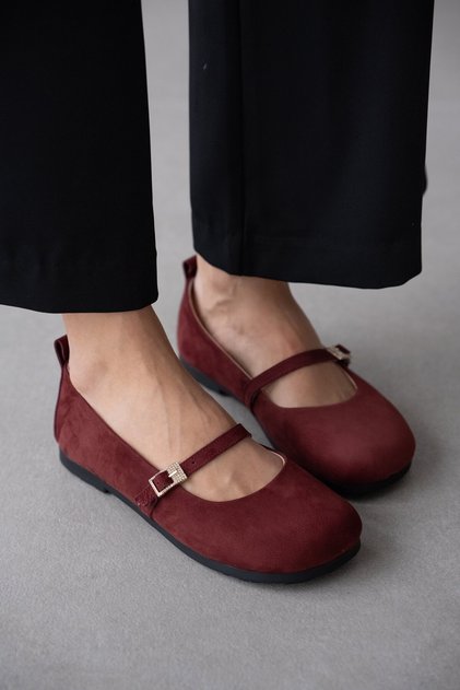 Morlen Genuine Leather Gold Adjustable Buckle Detailed Women's Shoes - Bordo