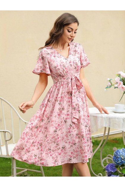 Women Pink Floral Print Short Sleeve Knee-Length Dress