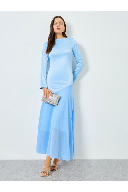 Blue Satin Boat Neck Long Sleeve Maxi Dress