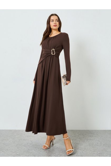 Brown Ruched Detail Long Sleeve Maxi Dress