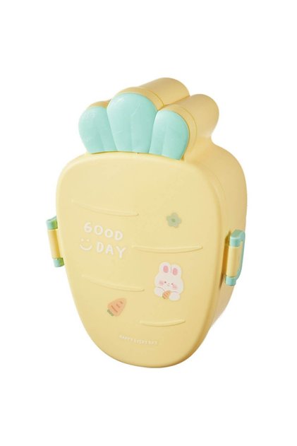 Cutie alimente, plastic galben, fără BPA, morcov, 3 compartimente, tacâmuri, pentru copii,15x21x7 cm