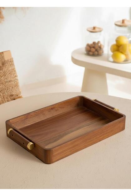 Natura Akasya Metal Kulplu Tepsi Gold 47x30x6 cm