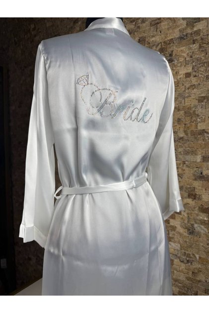 Bride Stone Embroidered Hologram Ecru Satin Tie-Up Dressing Gown