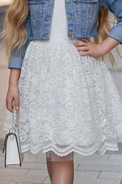 Riccotarz Girl's Jean Jacket Lace Embroidered Tulle White Evening Dress-  Trendyol