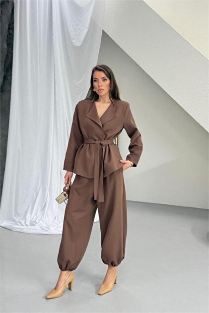 kadın kahverengi kuşak detaylı oversize şalvar pantolon blazer ceket takım NBNP023
