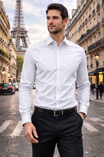 Micro Triangle Patterned Long Sleeve Men's Shirt