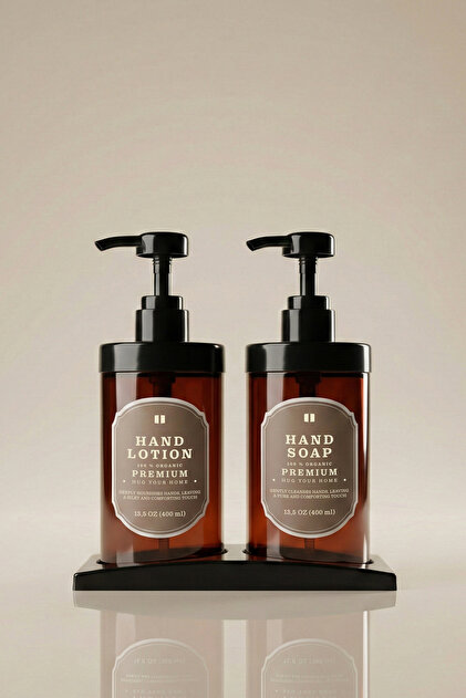 Set of 2 Amber Liquid Soap Dispensers with Black Stands - 400ml Hand Soap & Hand Lotion Dispenser - 400Hhccplstk